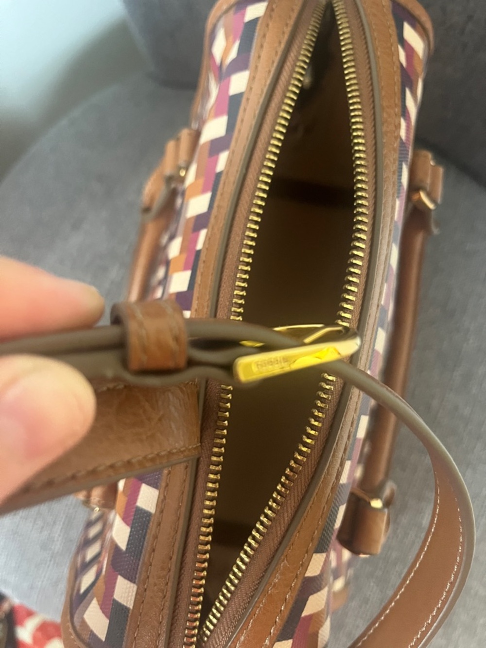 Fossil Multicolor Woven Satchel with Brown Trim, EUC - Picture 3 of 6